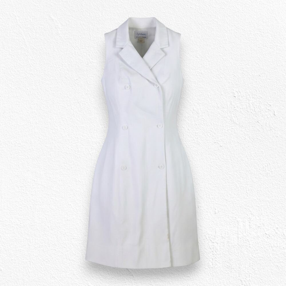 60s White Mod Shift Dress Double Breasted Cotton Sleeveless Sporty Dress Size 12